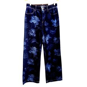 Chico's size 6/0.5 Blue Medium Wash Floral Wide Leg High Rise Trouser Jeans NWT